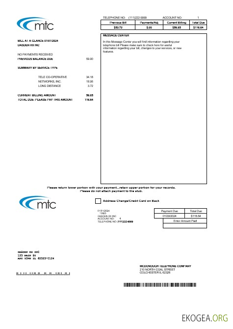 Modèle de facture de services publics pour les entreprises USA Illinois MTC aux formats Word et PDF